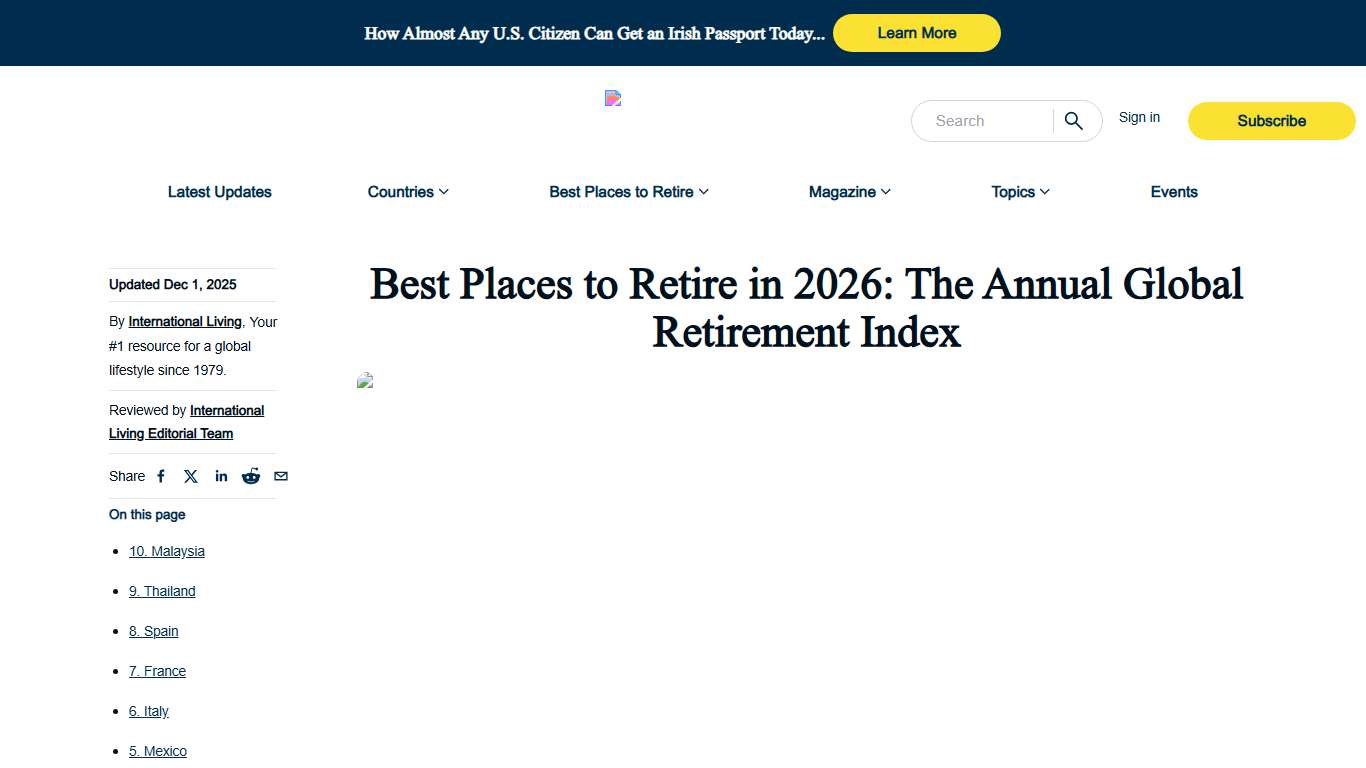 Best Places to Retire in 2026: The Annual Global Retirement Index
