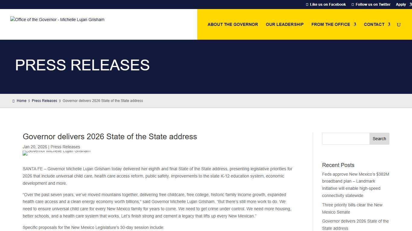 Governor delivers 2026 State of the State address  - Office of the Governor - Michelle Lujan Grisham